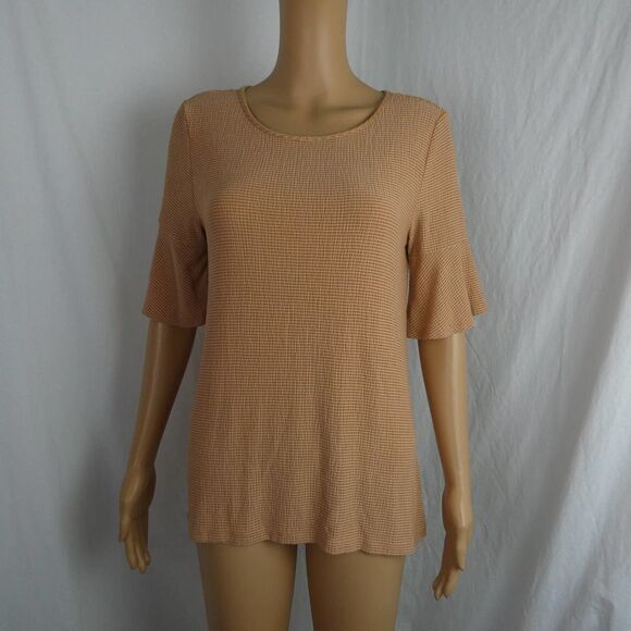 LC Lauren Conrad Striped Keyhole Blouse Orange White Crinkle 1/2 Sleeve Small - Picture 1 of 8